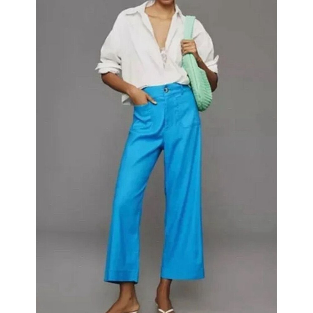 Anthropologie Maeve The Colette Cropped Wide Leg Pants Linen 29 Sky Blue